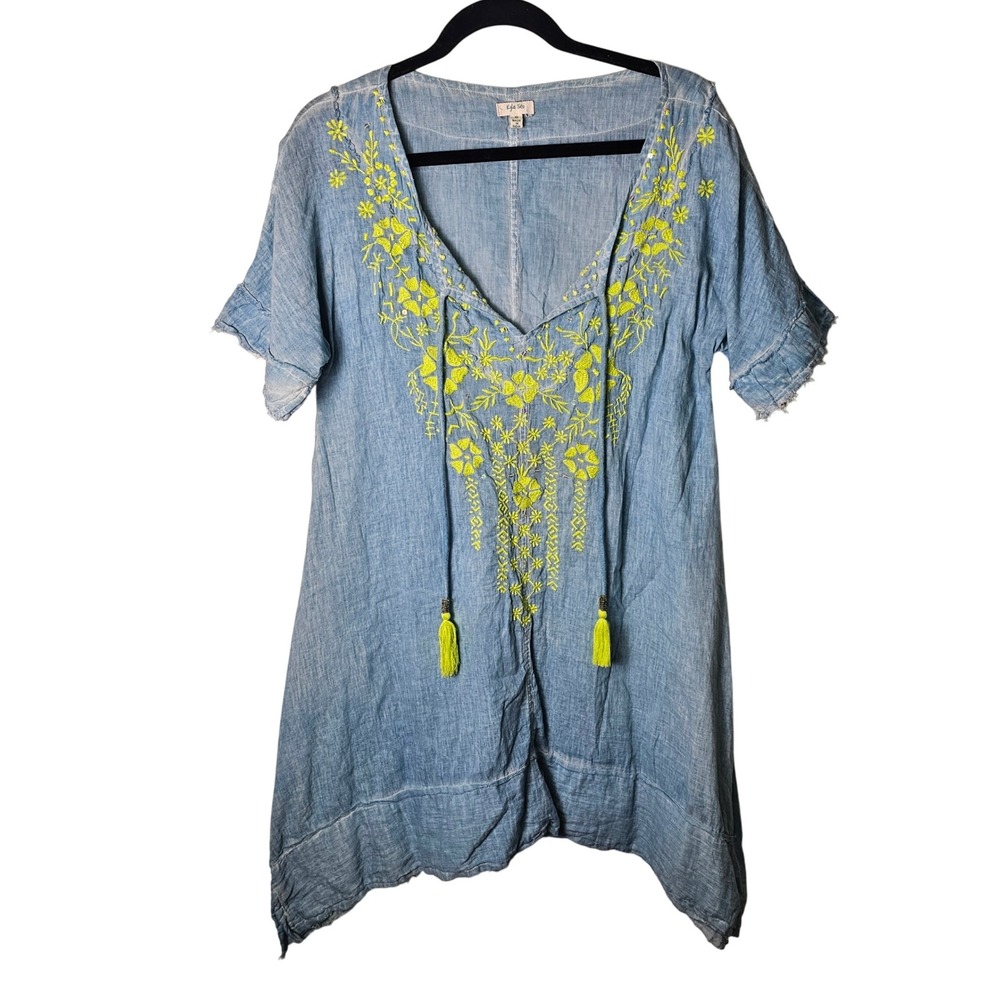 Kyla Seo Small Embroidered Tunic‎ Dress Blue Yellow Floral Cotton Boho Casual